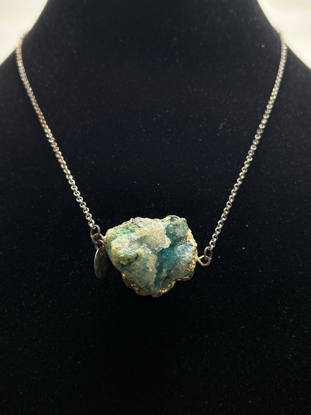 Natural Teal Druzy Quartz Pendant Necklace, Gold Chain